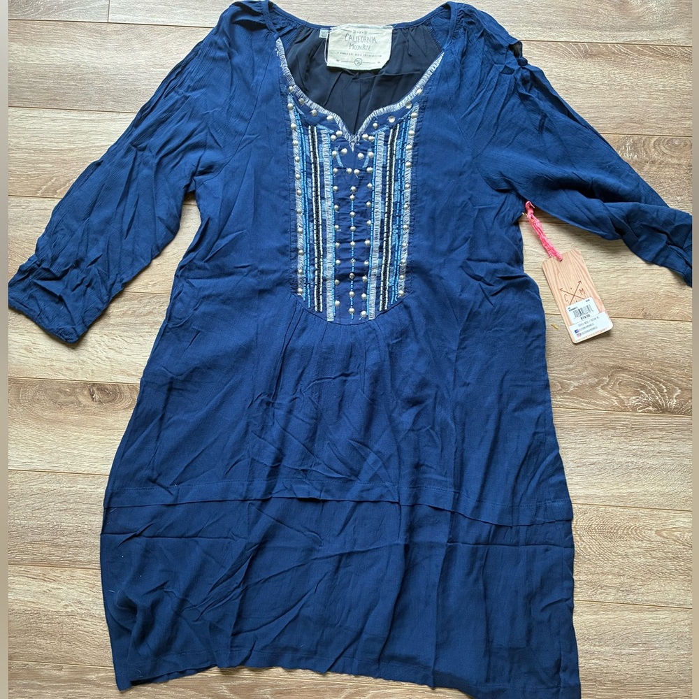 NWT CALIFORNIA MOONRISE Navy Blue Embroidered Dress M - Picture 2 of 8